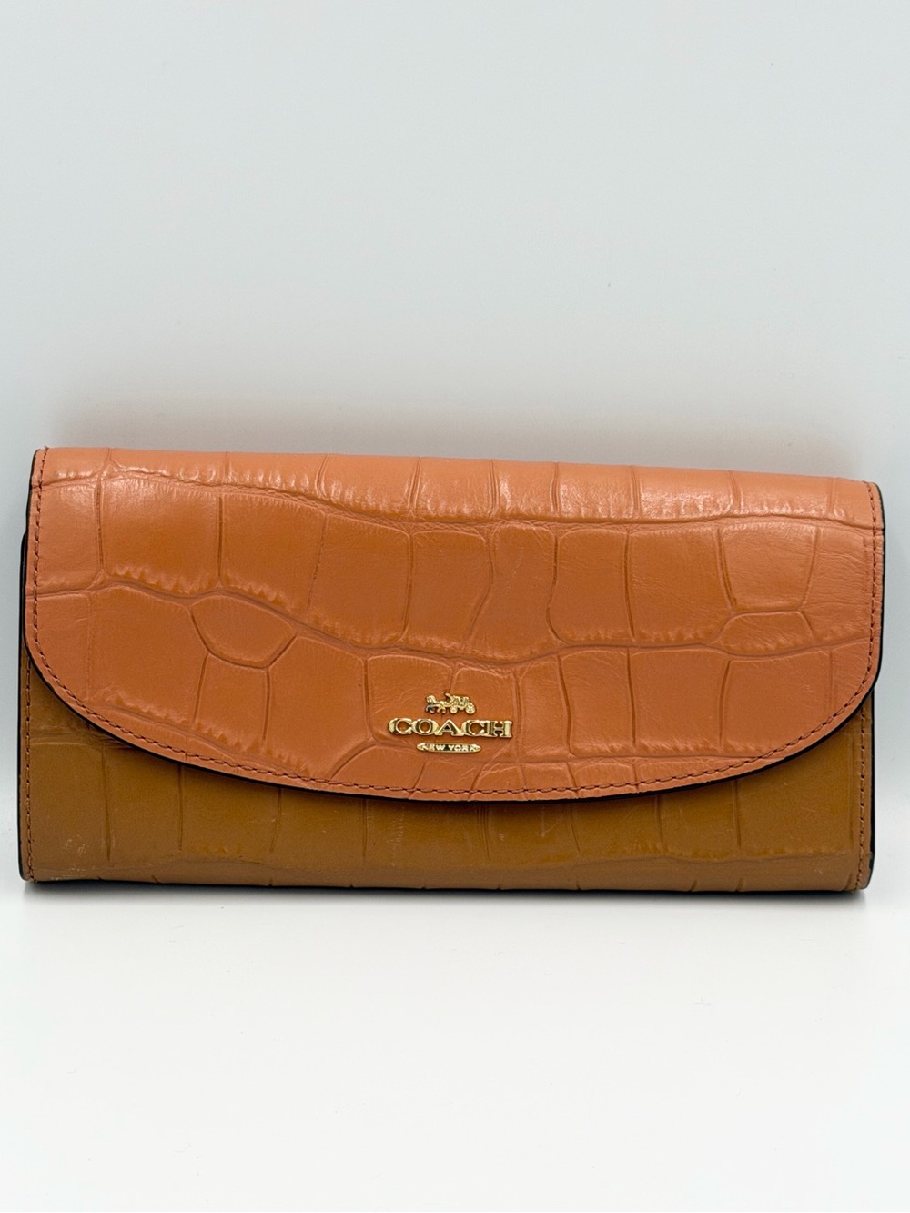 Coach Two-Tone Croc-Embossed Leather Wallet in Burnt Orange & Camel